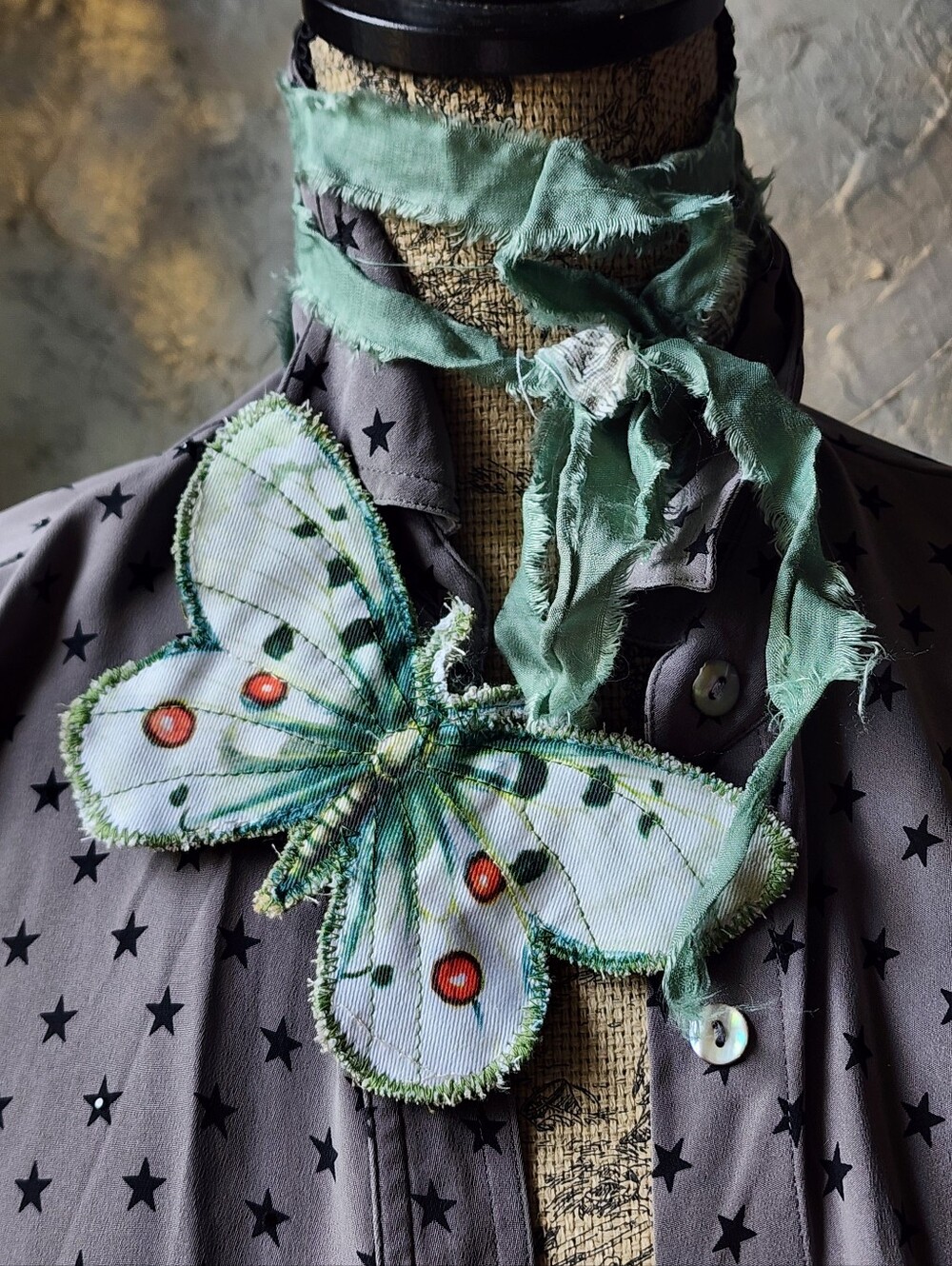 Cottage Jabot Botanical Bowtie Butterfly Necklace Belt Upcycled Artisan Fabric